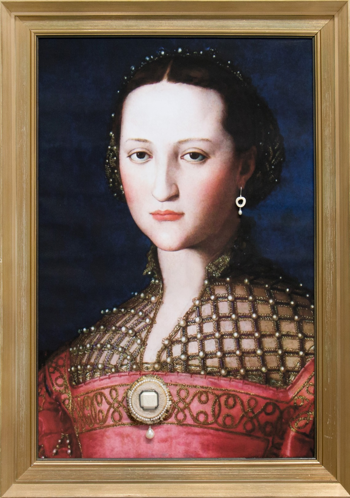 Image: Brooch and Earring, 2017, sterling silver, deer antler rose, bone, seed-pearls, baroque pearl on print - Eleanor of Toledo by Agnolo Bronzino, 1543.